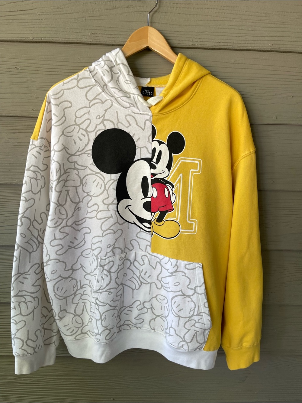 SOLD - Disney Mickey Mouse Split Pullover Hoodie Yellow White Colorblock Graphic